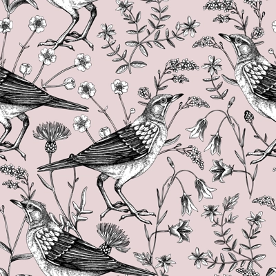 Summer background. Floral seamless pattern. Wildflowers and birds vector illustration in sketch style. Perfect for textile, wrapping paper, packaging, fabrics.